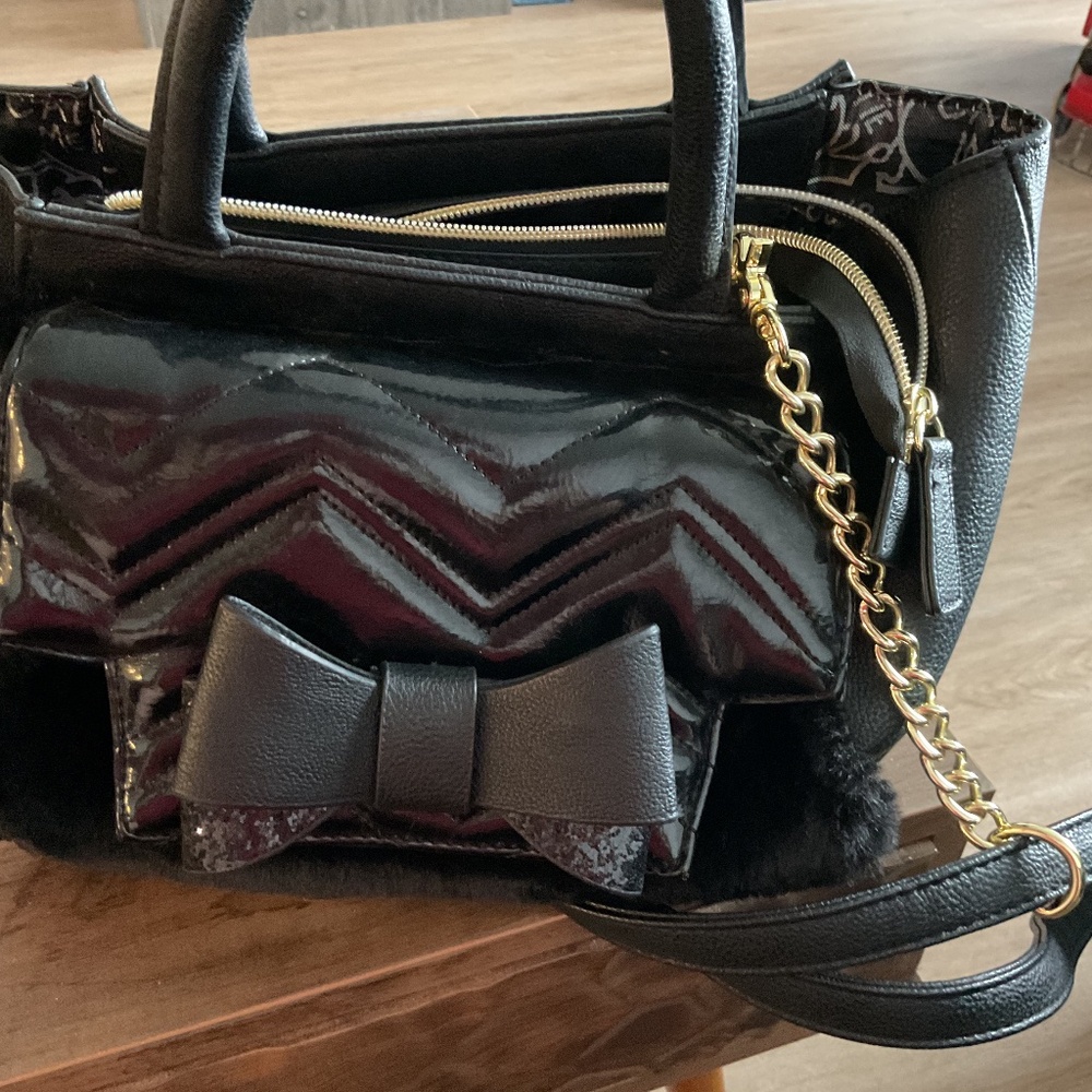 Betsey Johnson Black Faux Fur Bow Satchel
